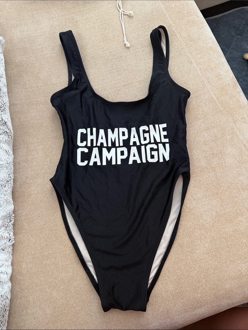 PRIVATE PARTY Black One-Piece Swimsuit with White 'Champagne Campaign' Print